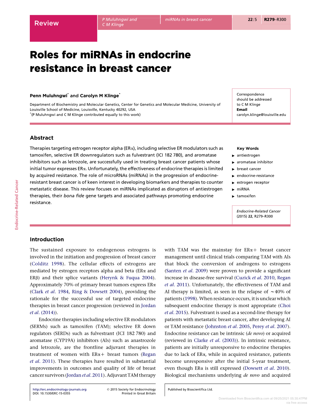 Roles for Mirnas in Endocrine Resistance in Breast Cancer
