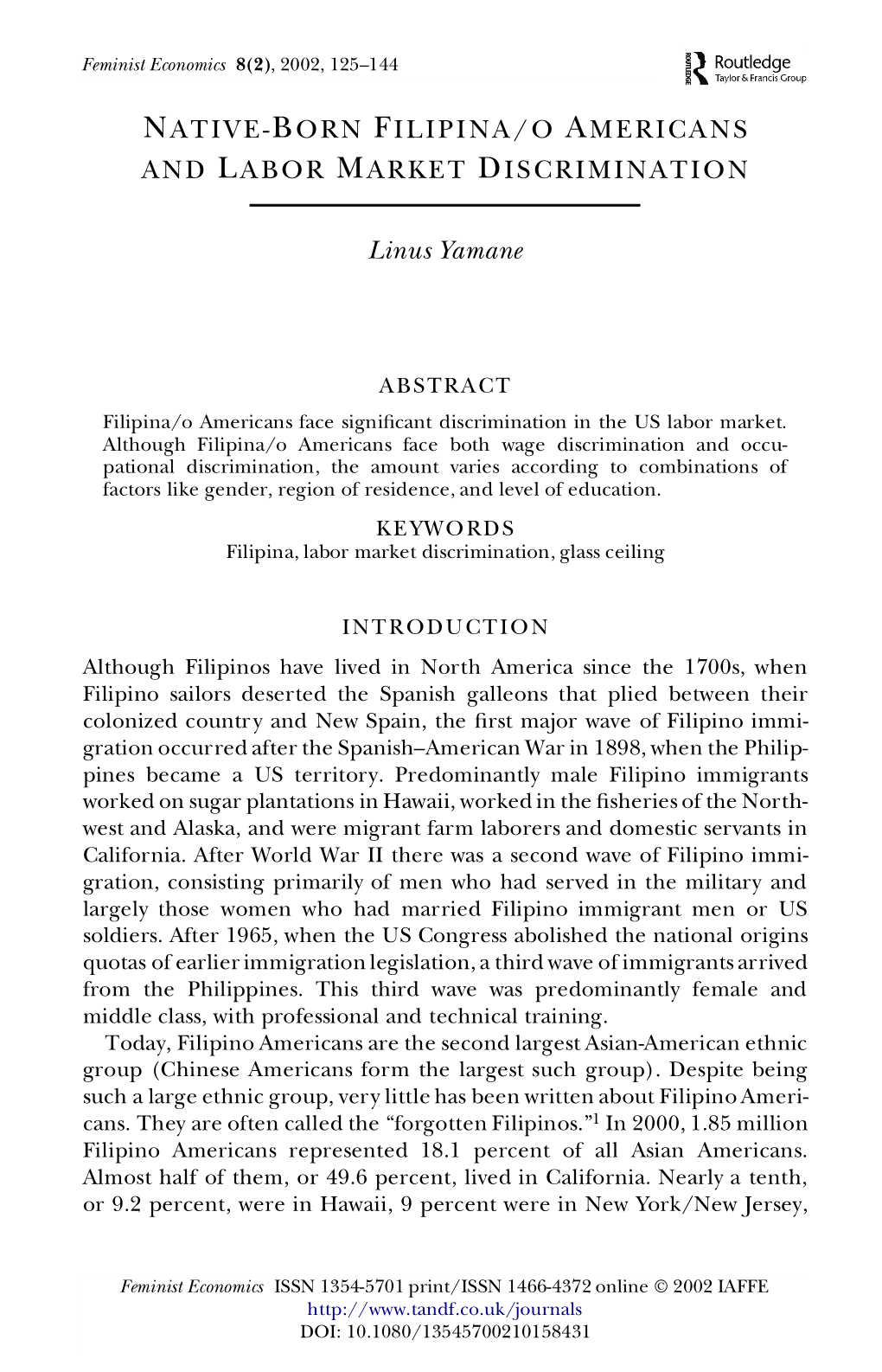 Native-Born Filipina/O Americans and Labor Market Discrimination