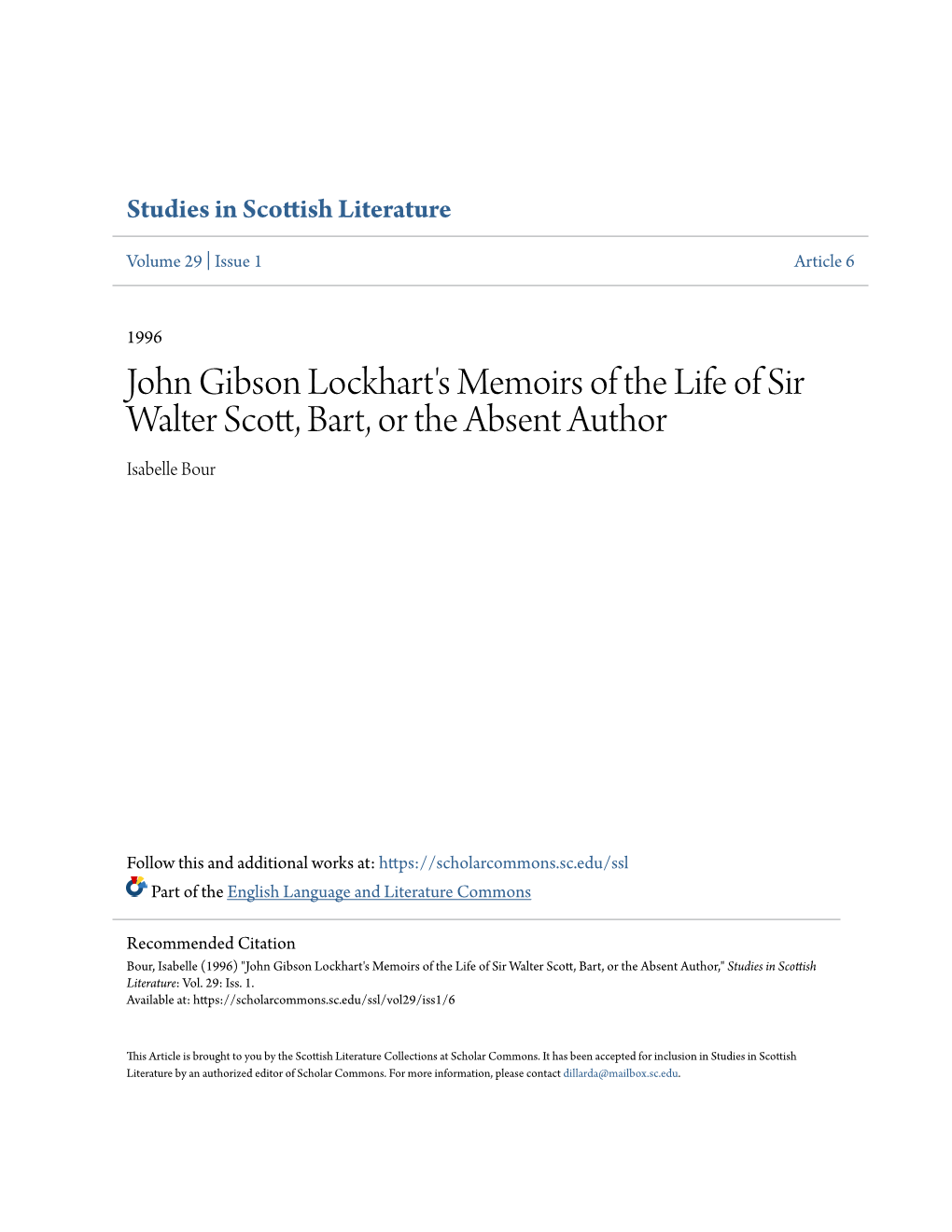 John Gibson Lockhart's Memoirs of the Life of Sir Walter Scott, Bart, Or the Absent Author Isabelle Bour