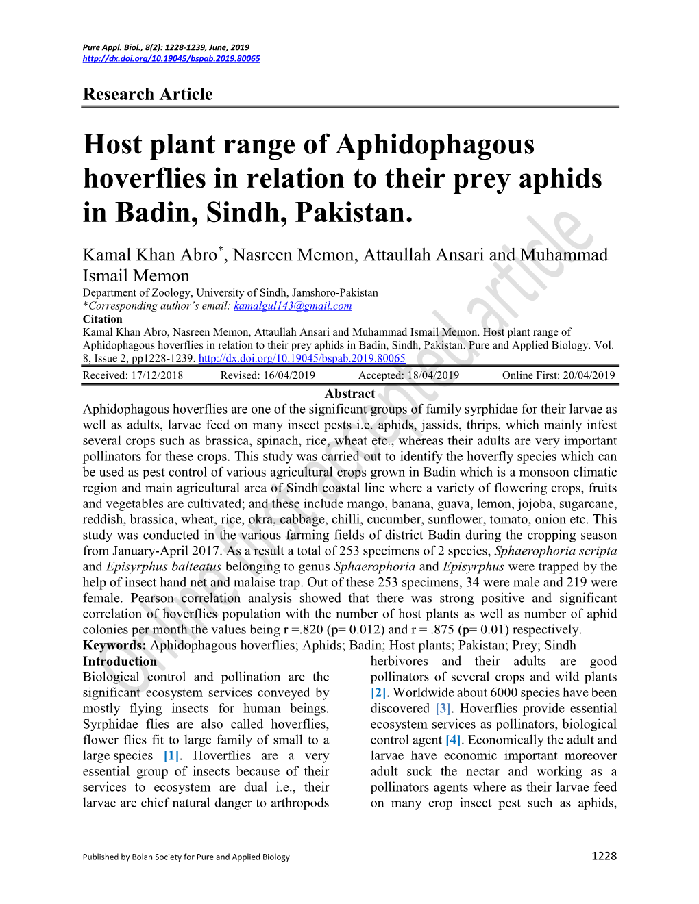 Host Plant Range of Aphidophagous Hoverflies in Relation to Their Prey Aphids in Badin, Sindh, Pakistan