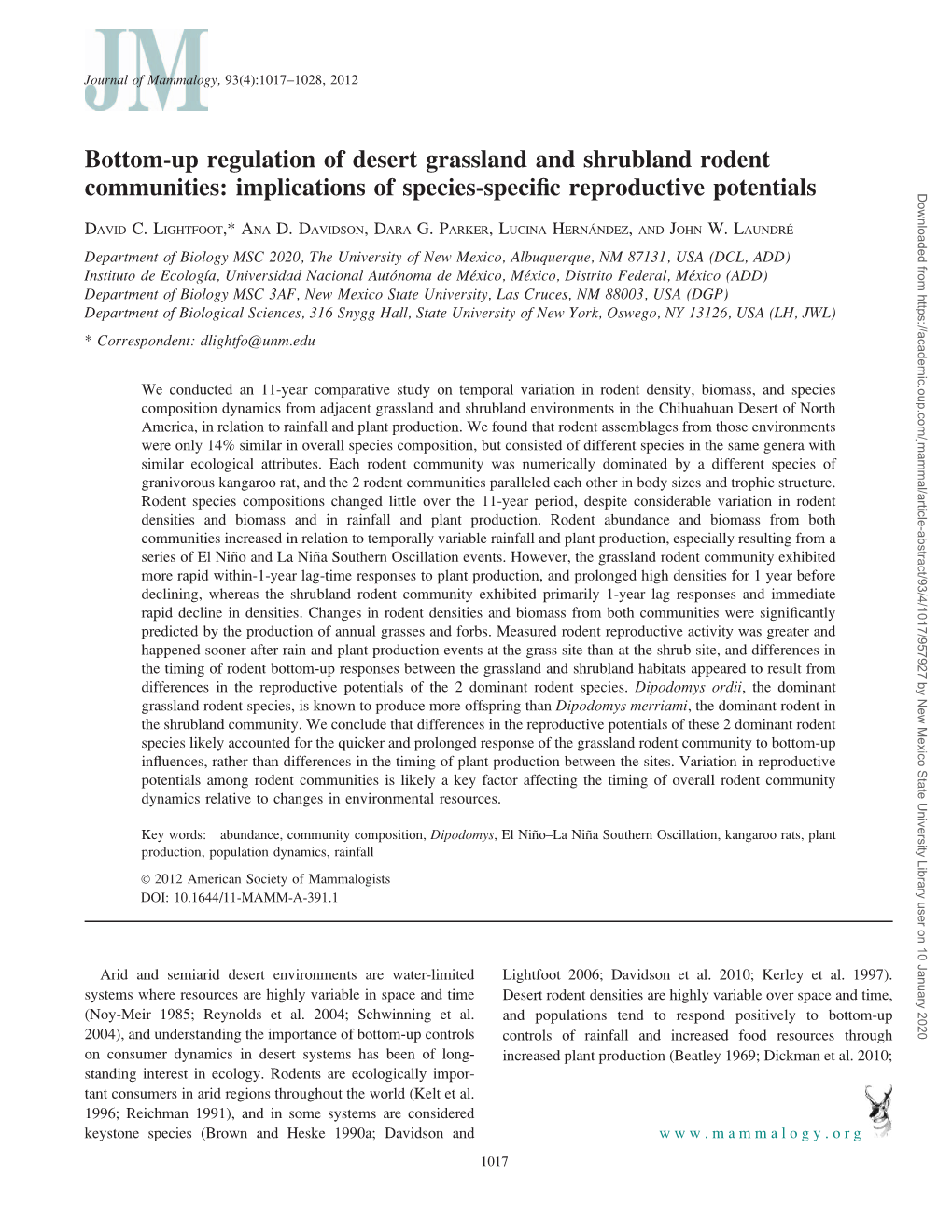 Bottom-Up Regulation of Desert Grassland and Shrubland Rodent Communities