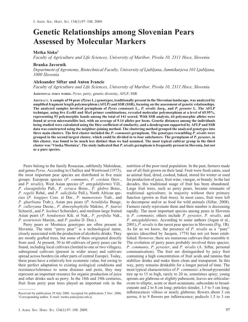 Genetic Relationships Among Slovenian Pears Assessed by Molecular Markers