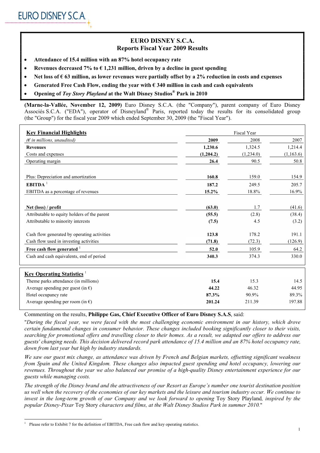 EURO DISNEY SCA Reports Fiscal Year 2009 Results