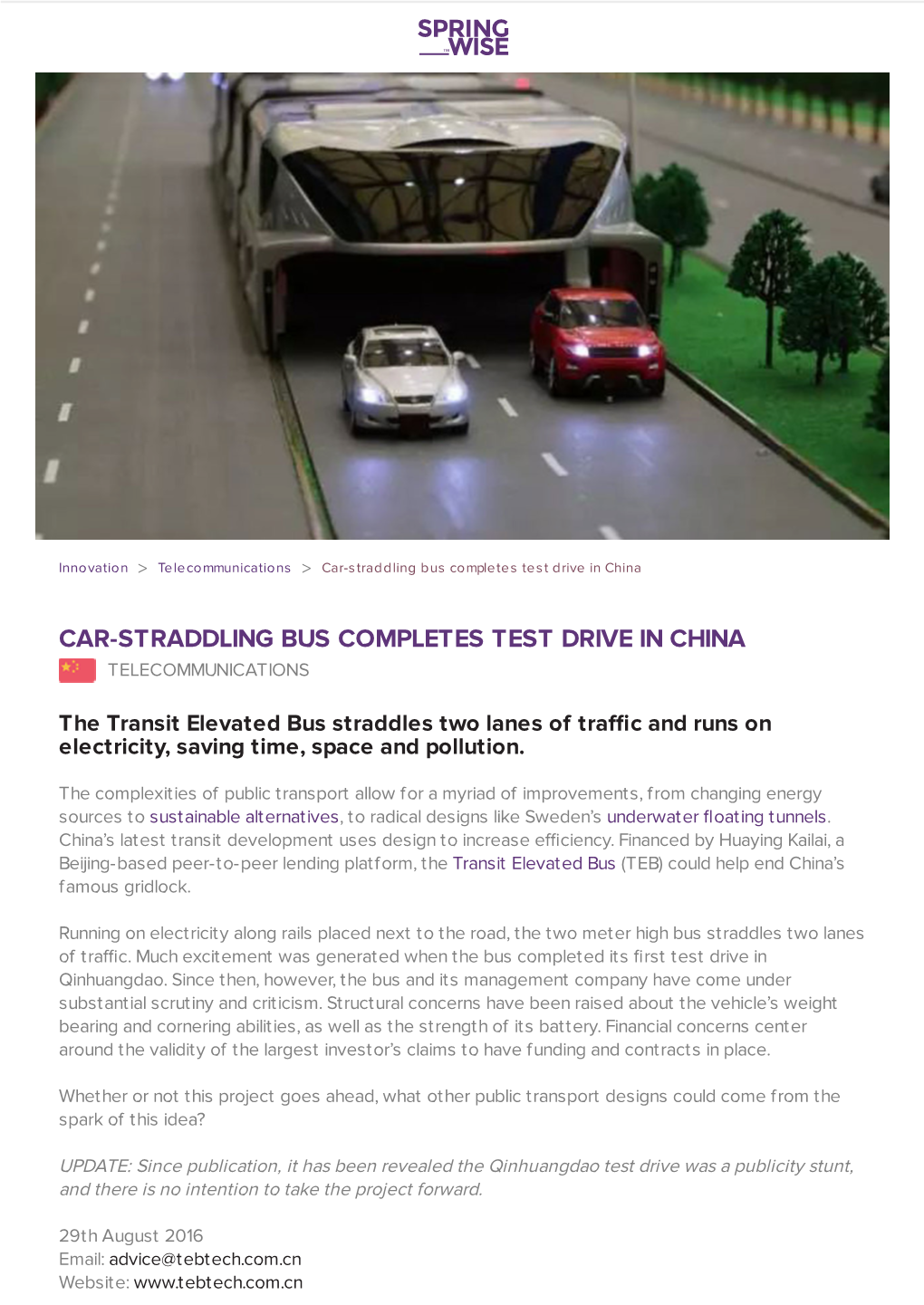 Car-Straddling Bus Completes Test Drive in China