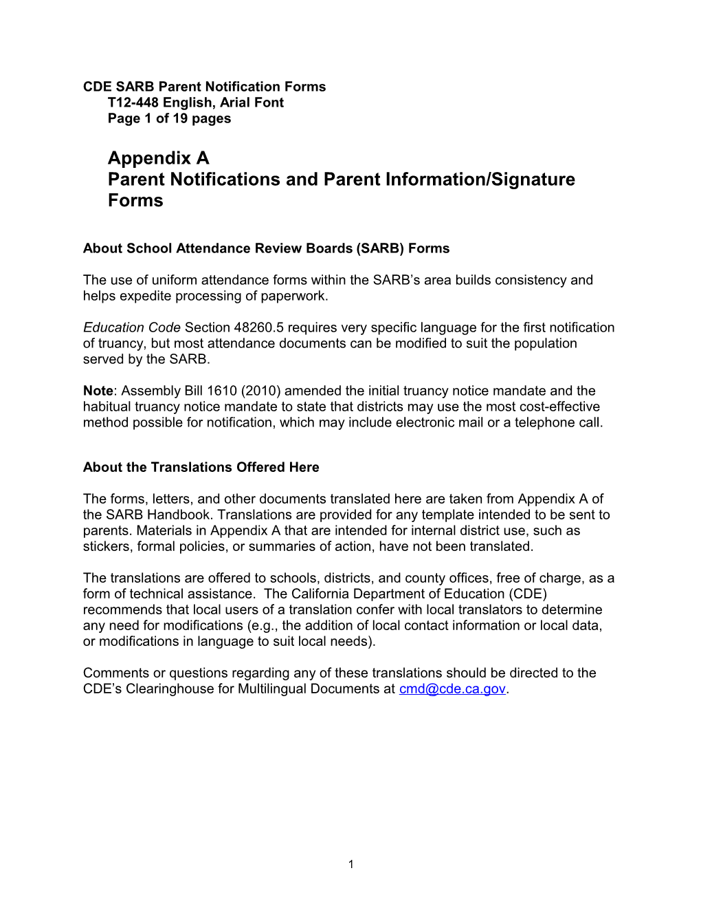 SARB Parent Notification Forms - School Attendance Review Boards (CA Dept of Education)