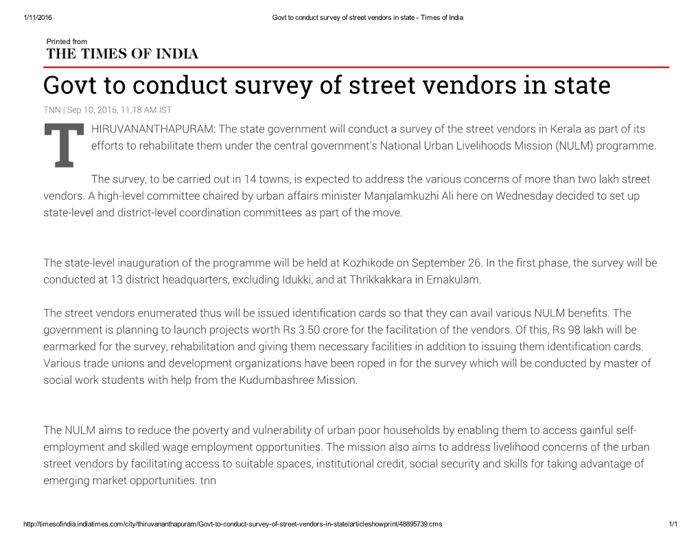 Govt to Conduct Survey of Street Vendors in State ­ Times of India