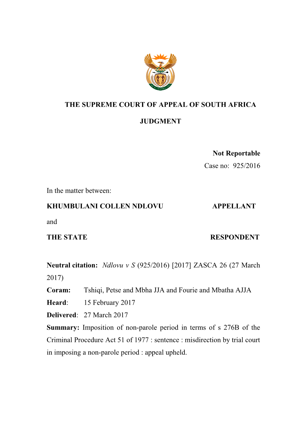 The Supreme Court of Appeal of South Africa s18