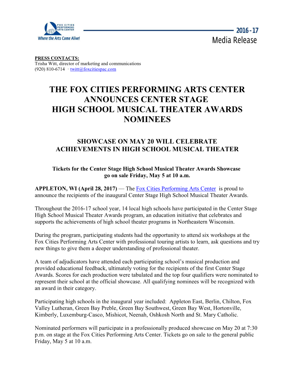 The Fox Cities Performing Arts Center Announces Center Stage High School Musical Theater Awards Nominees