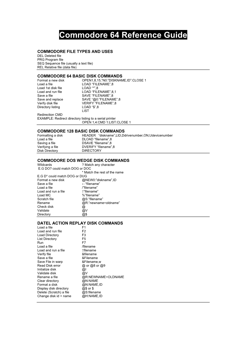 Commodore 64 Reference Guide