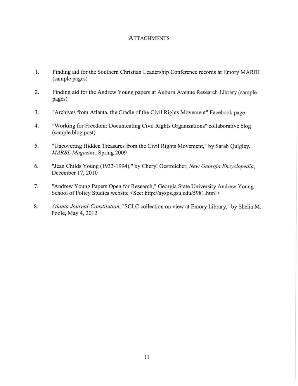 ATTACHMENTS 1. Finding Aid for the Southern Christian Leadership Conference Records at Emory MARBL (Sample Pages) 2. Finding