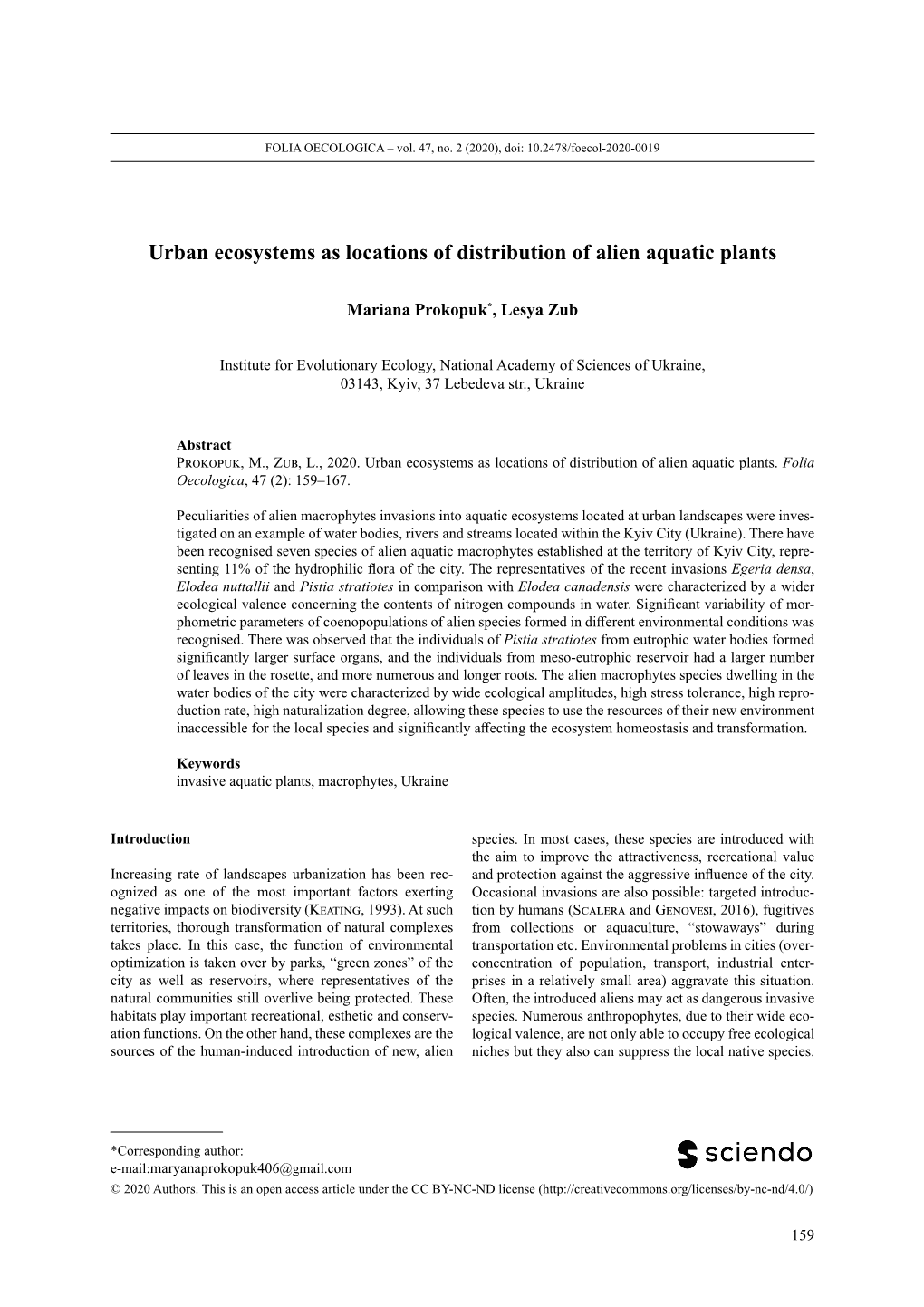 Urban Ecosystems As Locations of Distribution of Alien Aquatic Plants