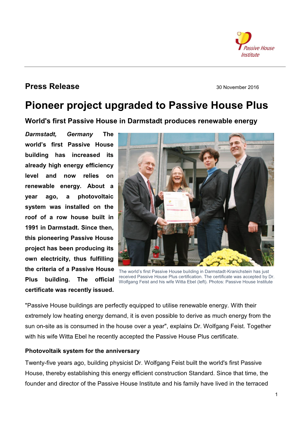 Pressemitteilung Pionierprojekt Passivhaus Plus