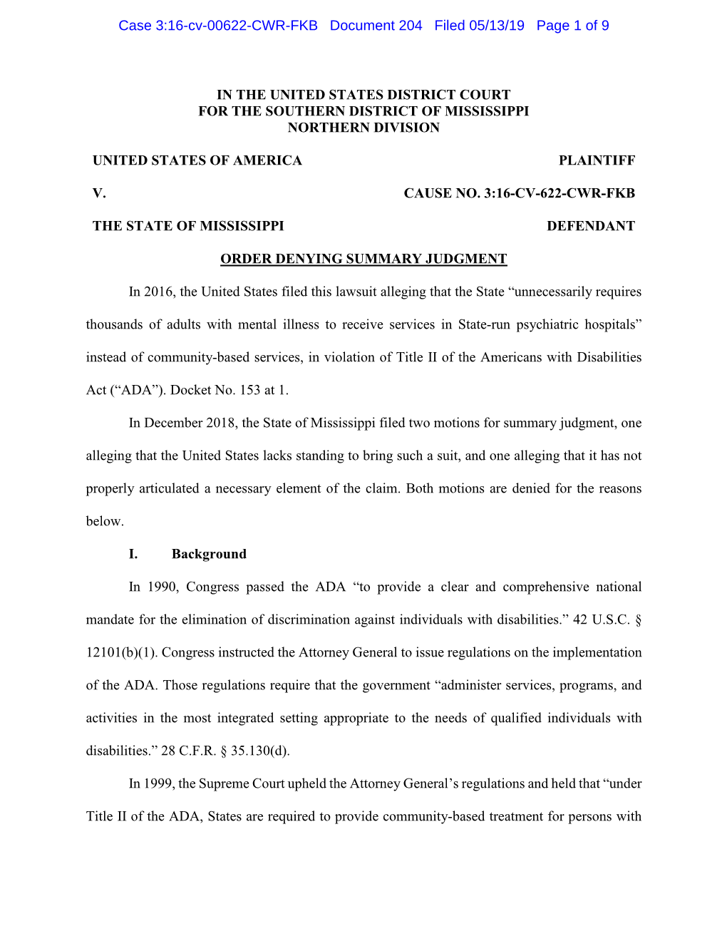 Order Denying State's Motion for Summary Judgment (2019)