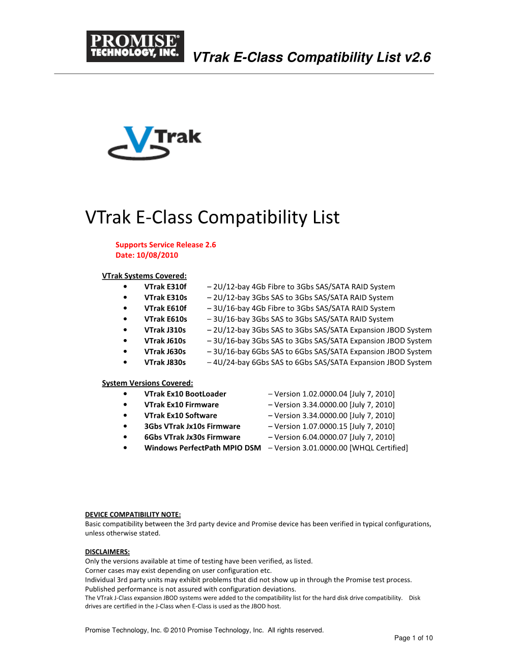 Vtrak E-Class Compatibility List V2.6