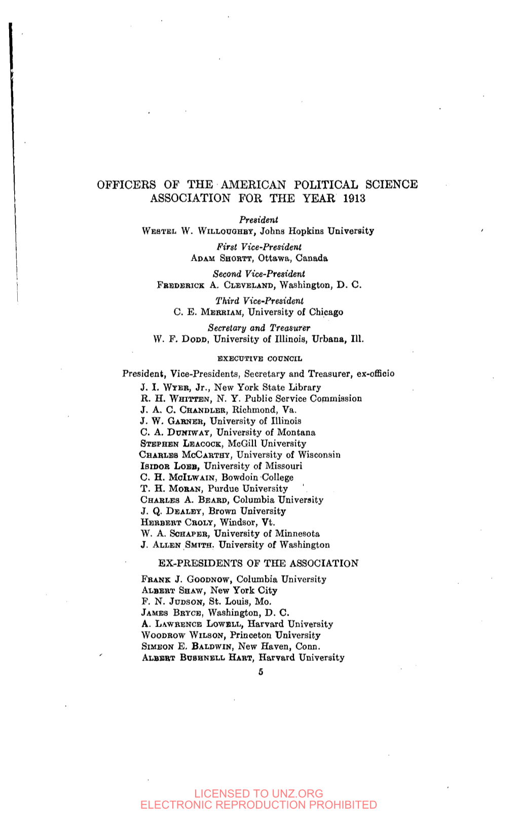 Officers of the American Political Science Association for the Year 1913