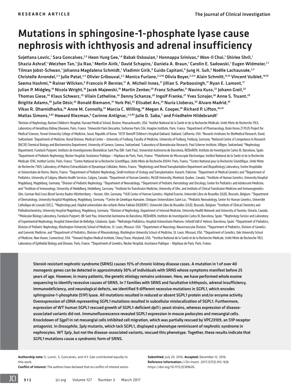 Mutations in Sphingosine-1-Phosphate Lyase