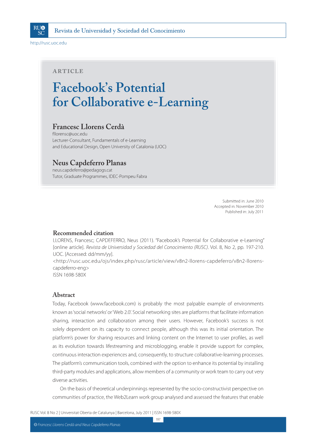 Facebook's Potential for Collaborative E-Learning