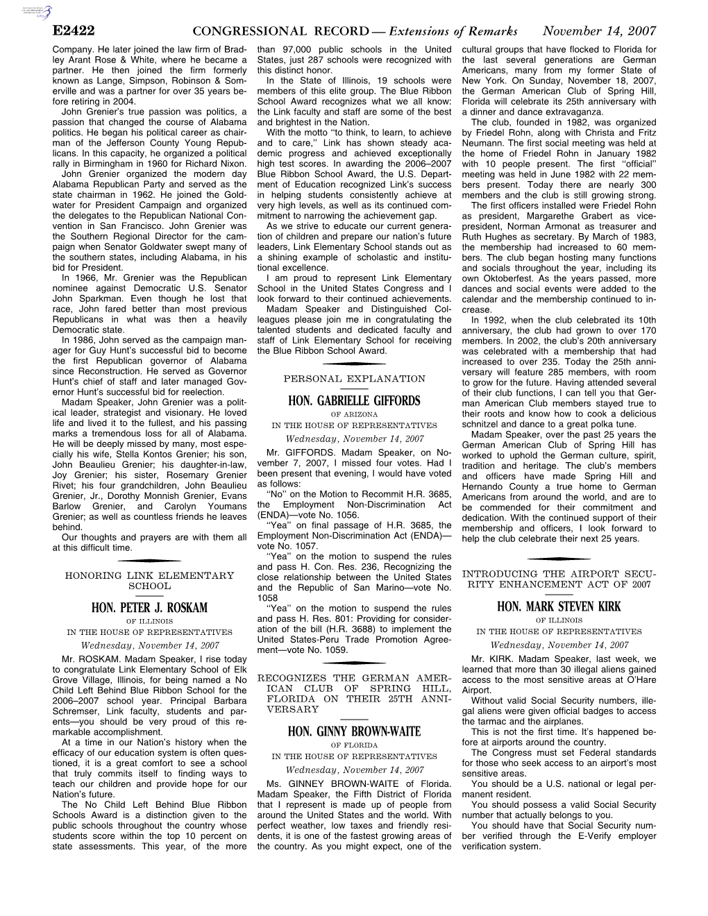 CONGRESSIONAL RECORD— Extensions of Remarks E2422 HON. PETER J. ROSKAM HON. GABRIELLE GIFFORDS HON. GINNY BROWN-WAITE HON