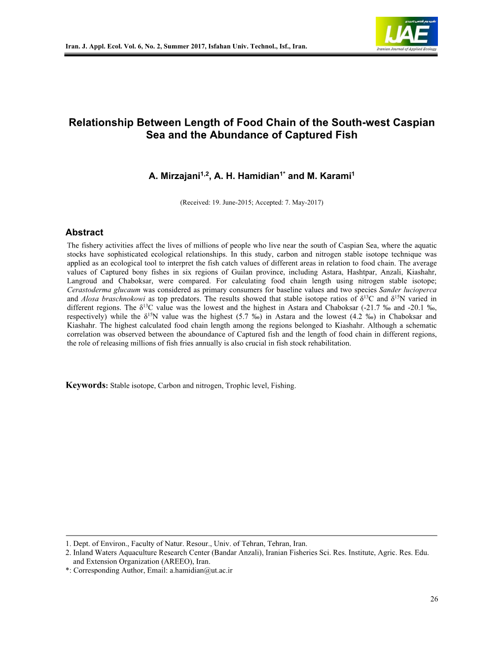 Relationship Between Length of Food Chain of the South-West Caspian Sea and the Abundance of Captured Fish