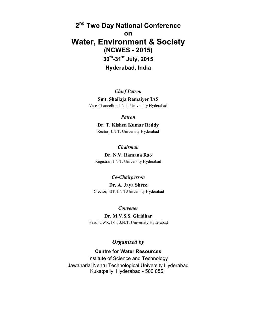 Proceedings of National Conference on Water, Environment and Society