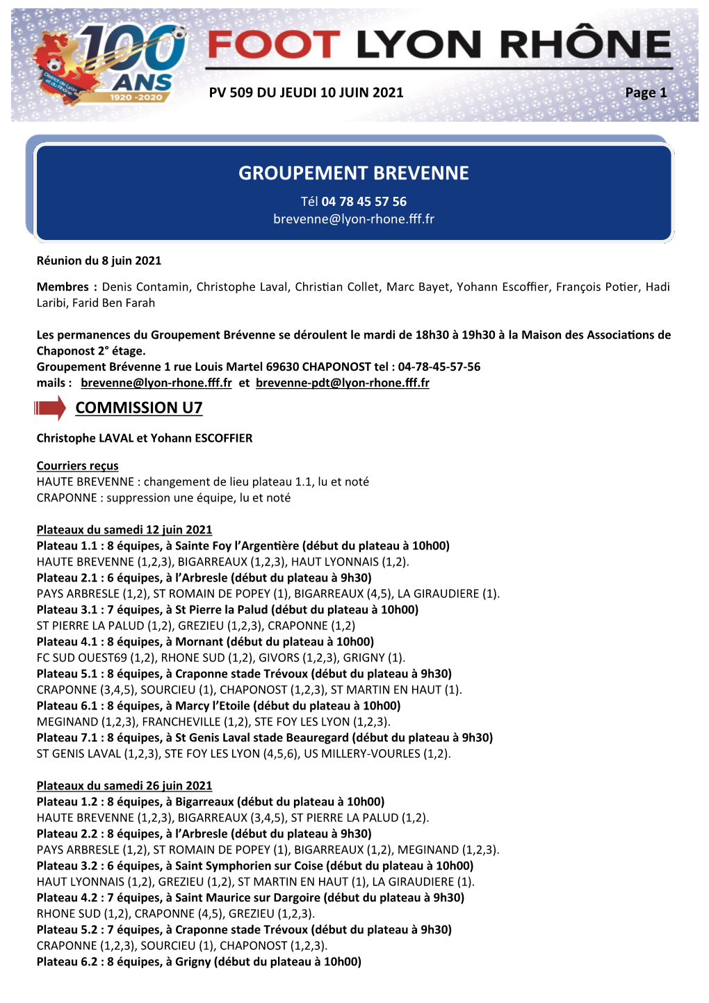 GROUPEMENT BREVENNE Tél 04 78 45 57 56 Brevenne@Lyon-Rhone.Fff.Fr