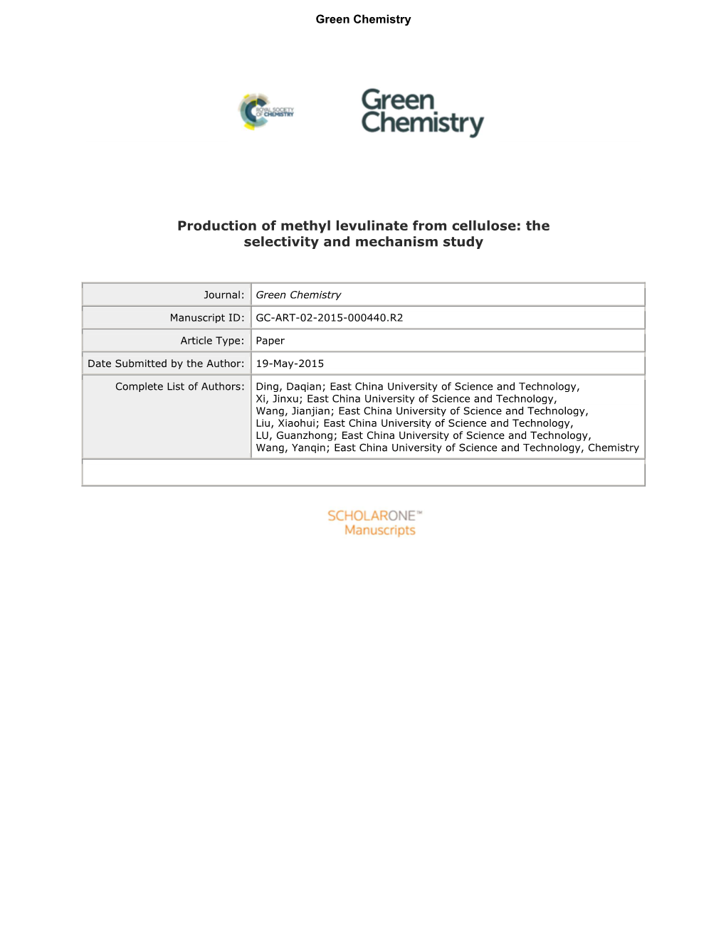 Production of Methyl Levulinate from Cellulose: the Selectivity and Mechanism Study