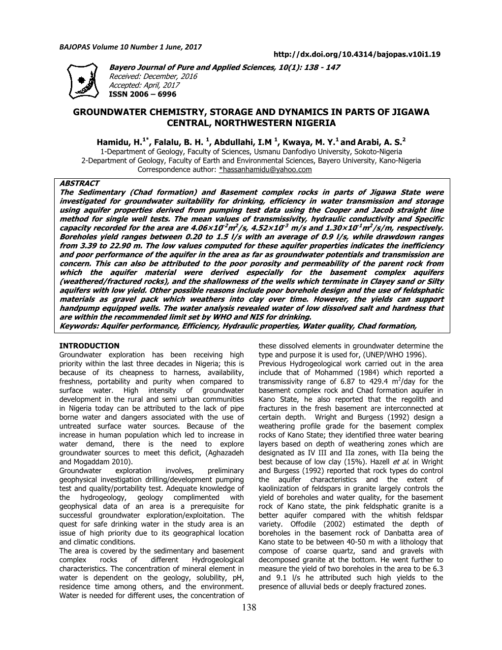 Groundwater Chemistry, Storage and Dynamics in Parts of Jigawa Central, Northwestern Nigeria