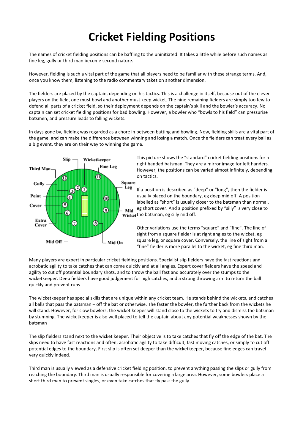 Cricket Fielding Positions