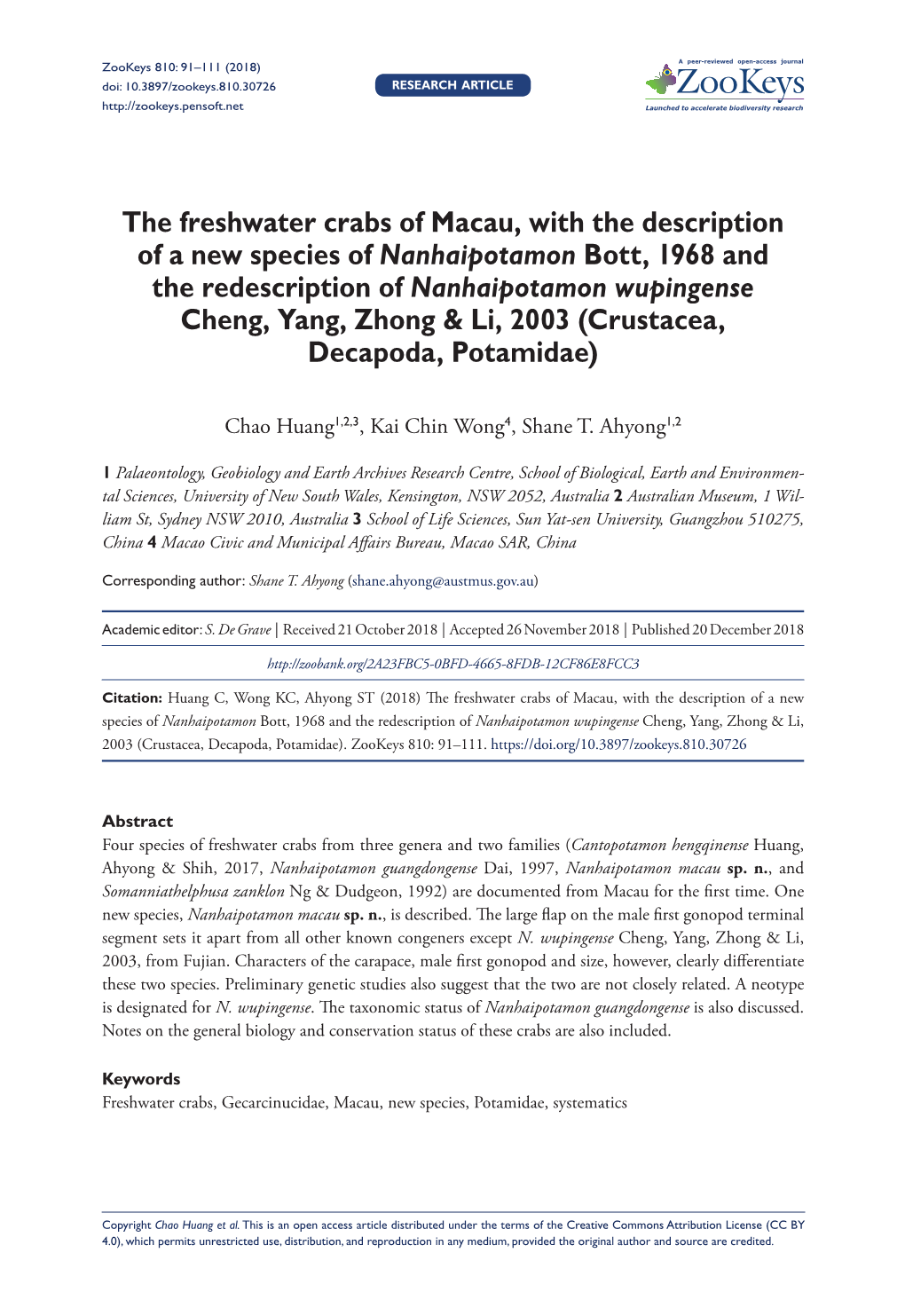 The Freshwater Crabs of Macau, with the Description of a New Species of Nanhaipotamon Bott, 1968 and the Redescription of Nanhai