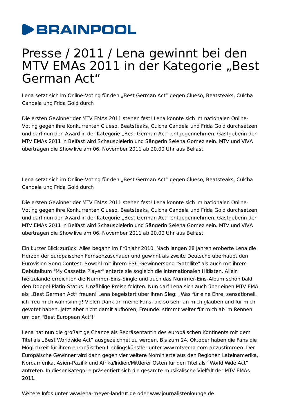 Presse / 2011 / Lena Gewinnt Bei Den MTV Emas 2011 in Der Kategorie „Best German Act“