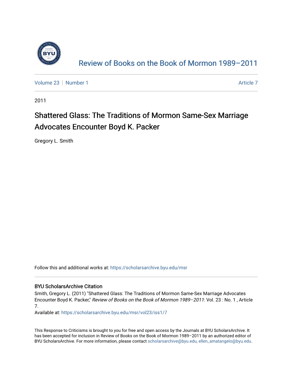 The Traditions of Mormon Same-Sex Marriage Advocates Encounter Boyd K