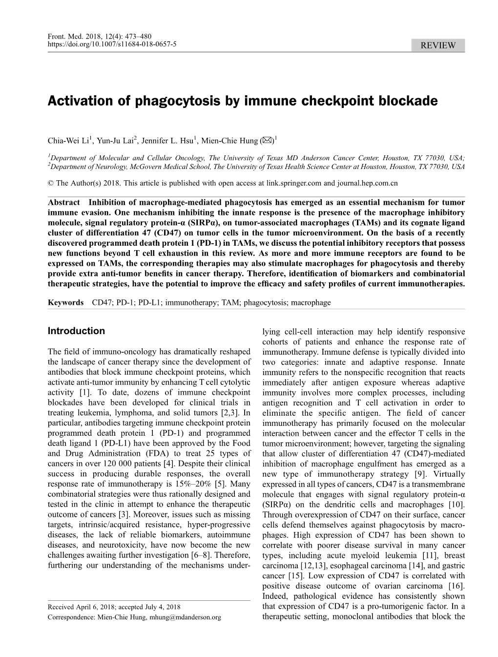 Activation of Phagocytosis by Immune Checkpoint Blockade