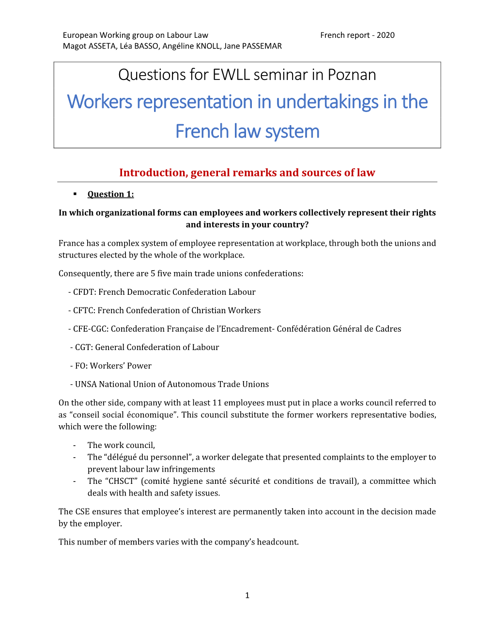 Workers Representation in Undertakings in the French Law System