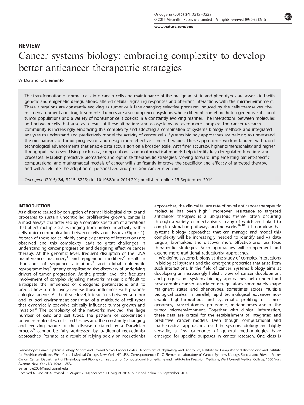 Cancer Systems Biology: Embracing Complexity to Develop Better Anticancer Therapeutic Strategies