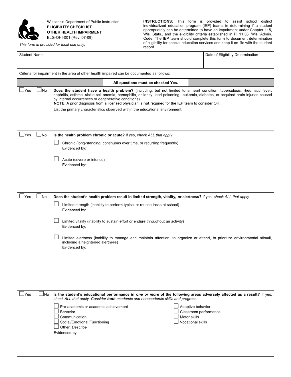 Eligibility Checklist for Other Health Impairment