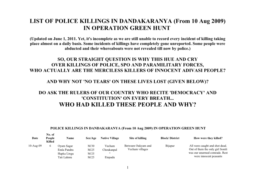 LIST of POLICE KILLINGS in DANDAKARANYA (From 10 Aug 2009)