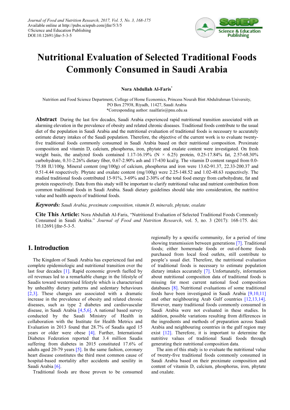 Nutritional Evaluation of Selected Traditional Foods Commonly Consumed in Saudi Arabia