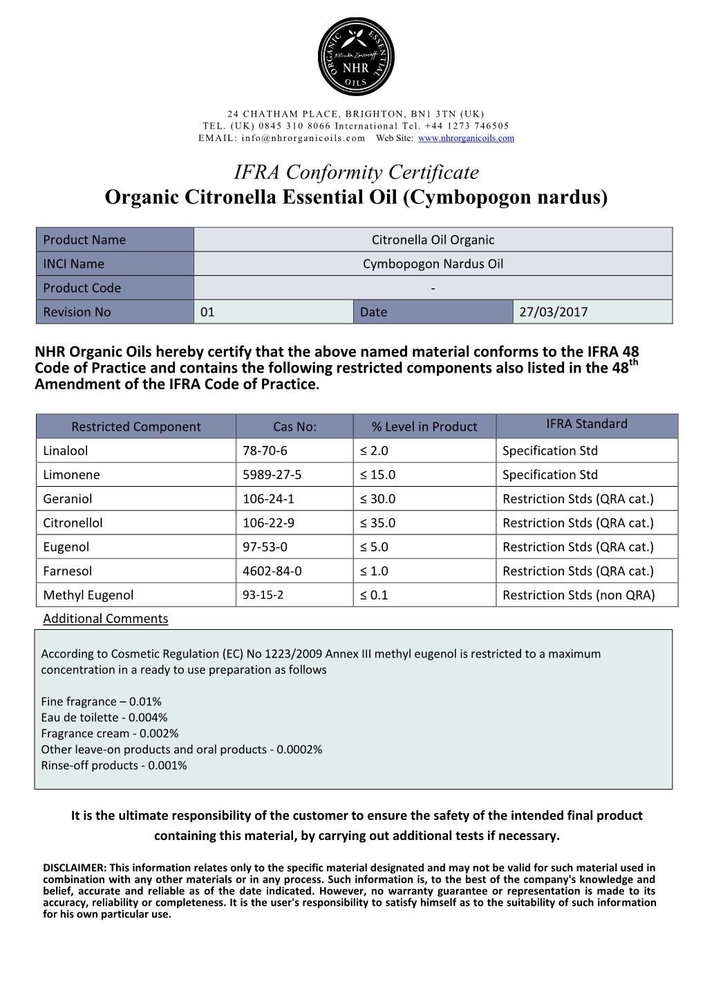 IFRA Conformity Certificate Organic Citronella Essential