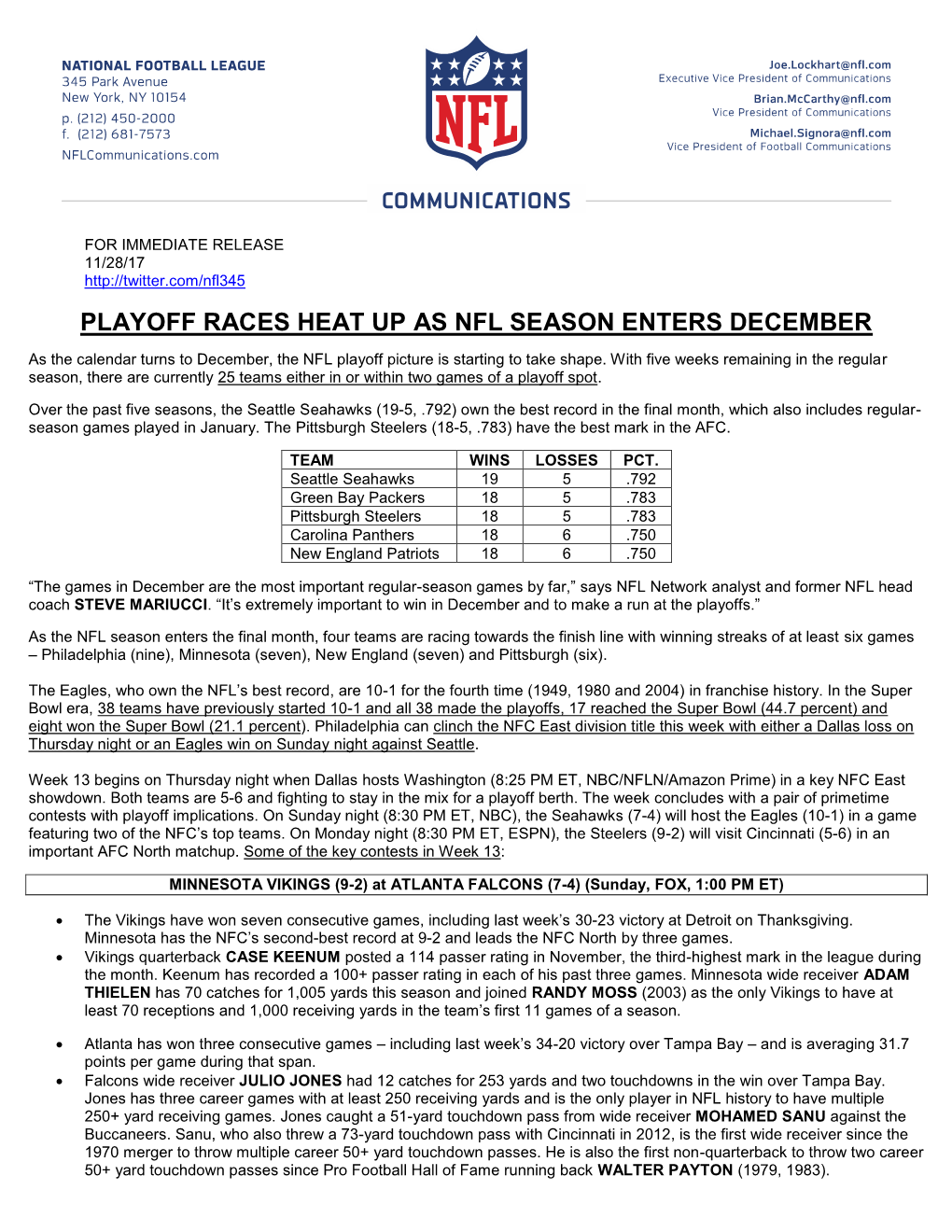 Playoff Races Heat up As Nfl Season Enters December