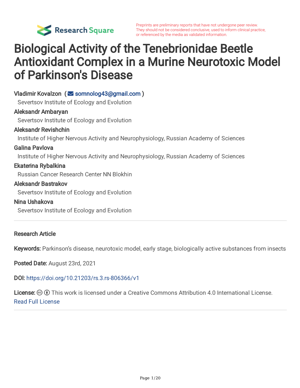 Biological Activity of the Tenebrionidae Beetle Antioxidant Complex in a Murine Neurotoxic Model of Parkinson's Disease