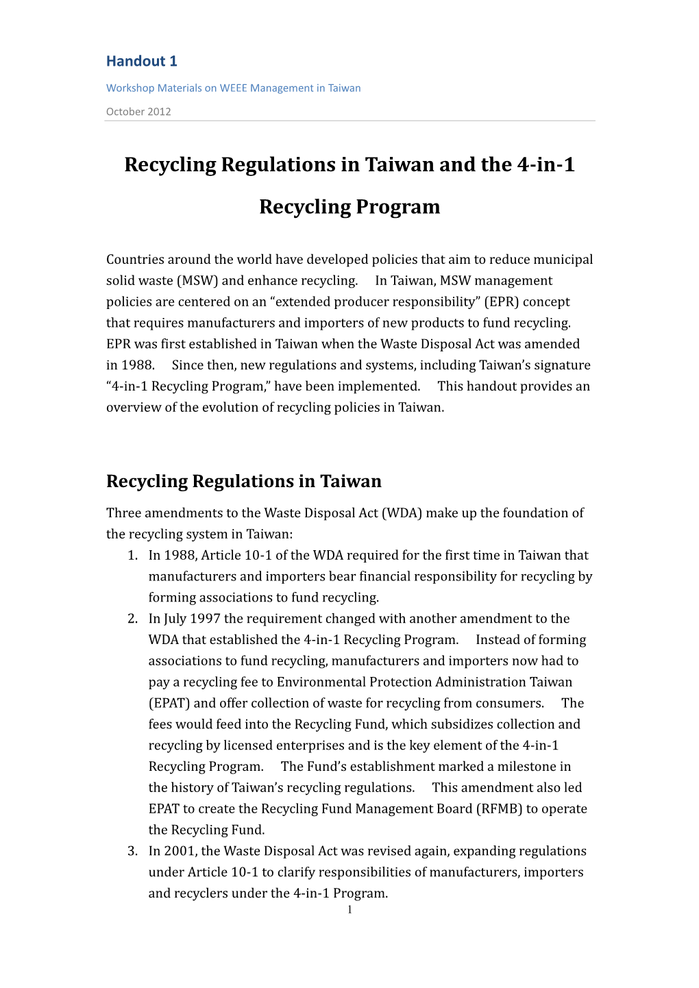 Recycling Regulations in Taiwan and the 4-In-1 Recycling Program