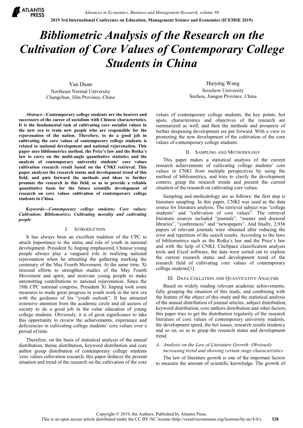 Bibliometric Analysis of the Research on the Cultivation of Core Values of Contemporary College Students in China