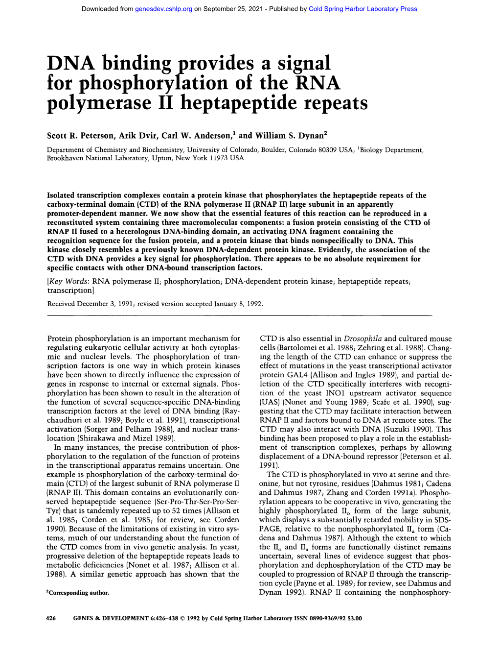 DNA Binding Provides a Signal for Phosphorylation of the RNA Polymerase II Heptapeptide Repeats