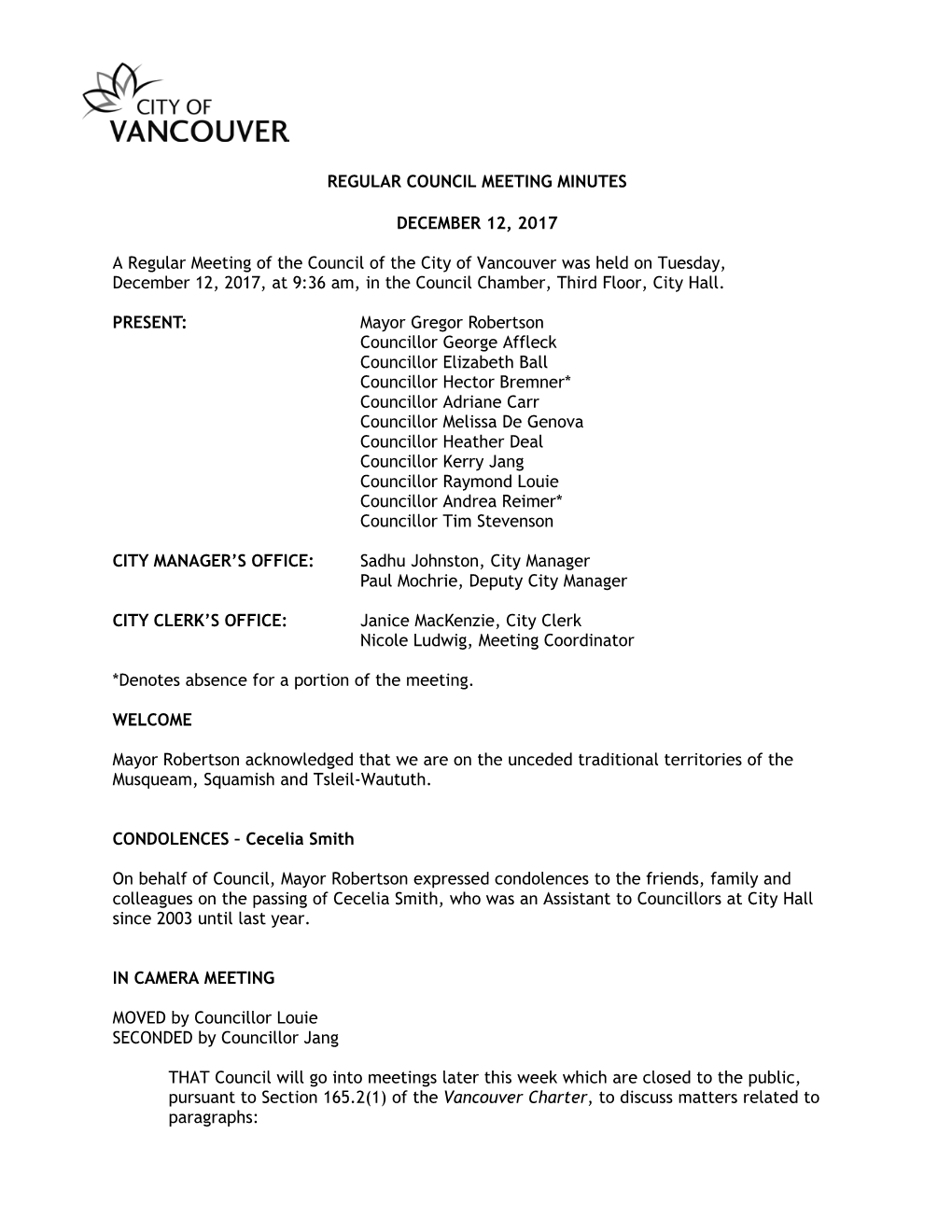 Regular Council Meeting Minutes