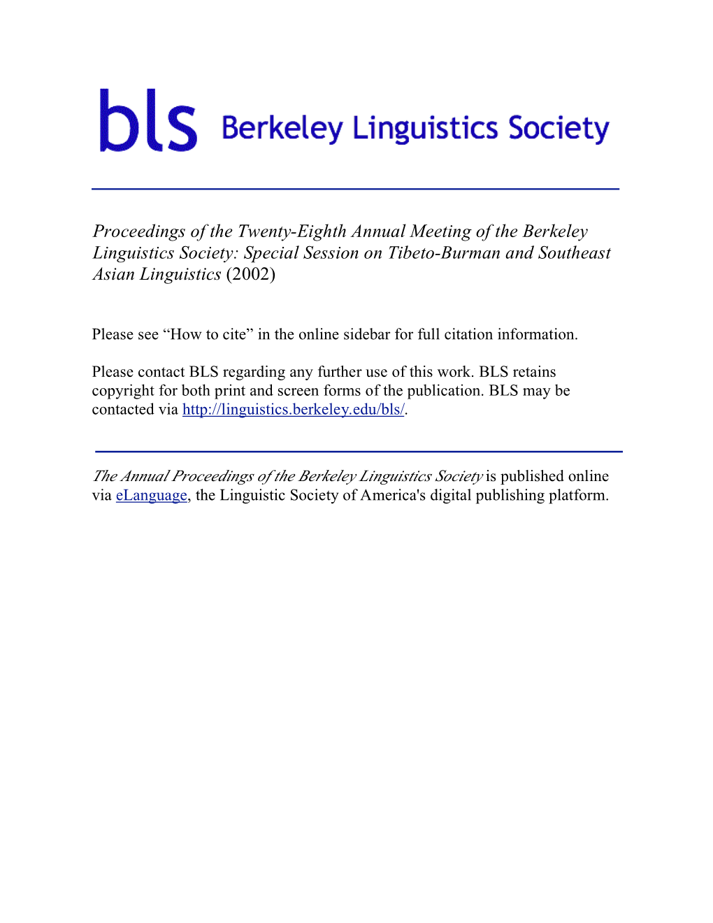 Special Session on Tibeto-Burman and Southeast Asian Linguistics (2002)