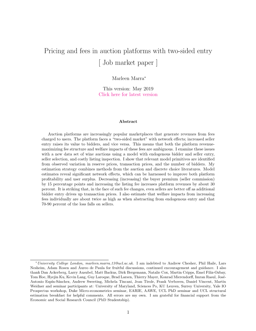 Pricing and Fees in Auction Platforms with Two-Sided Entry [ Job Market Paper ]