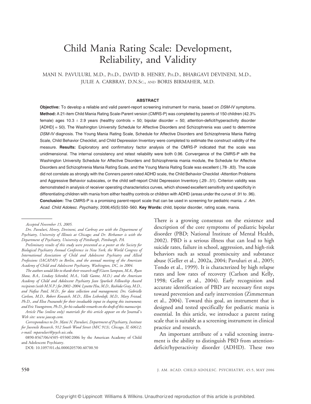 Child Mania Rating Scale: Development, Reliability, and Validity