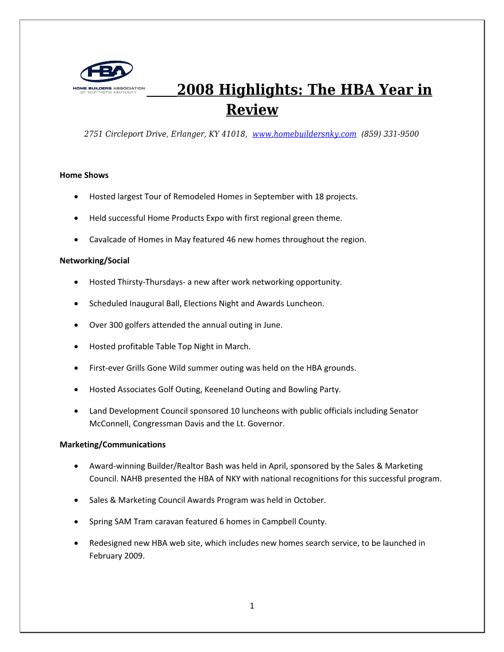 2008 Highlights: the HBA Year in Review