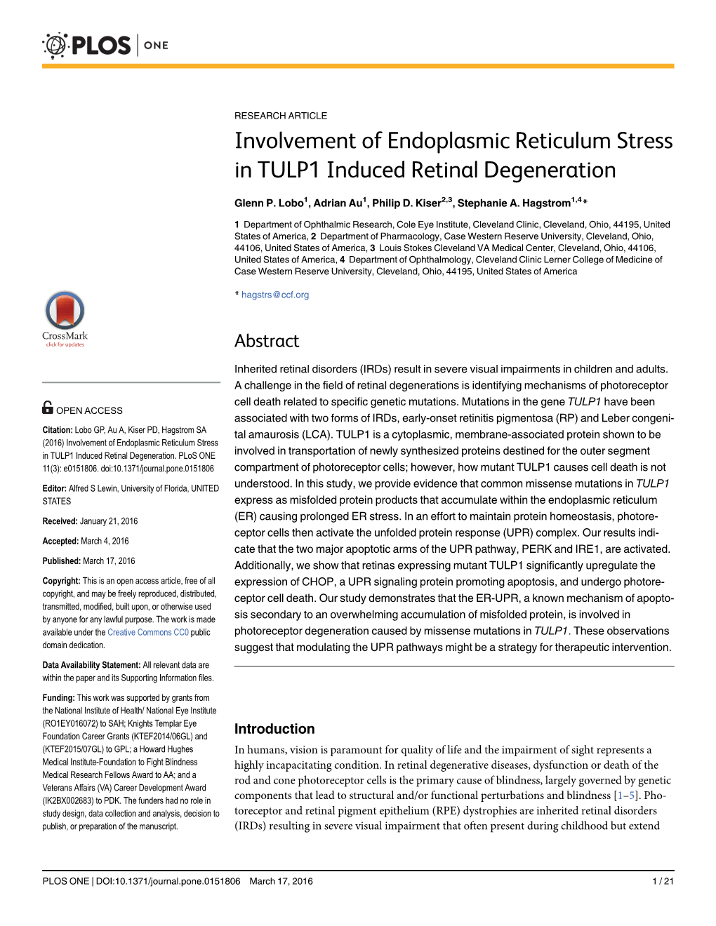 Involvement of Endoplasmic Reticulum Stress in TULP1 Induced Retinal Degeneration