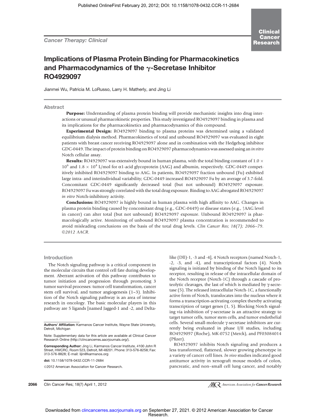 Implications of Plasma Protein Binding for Pharmacokinetics and Pharmacodynamics of the G-Secretase Inhibitor RO4929097